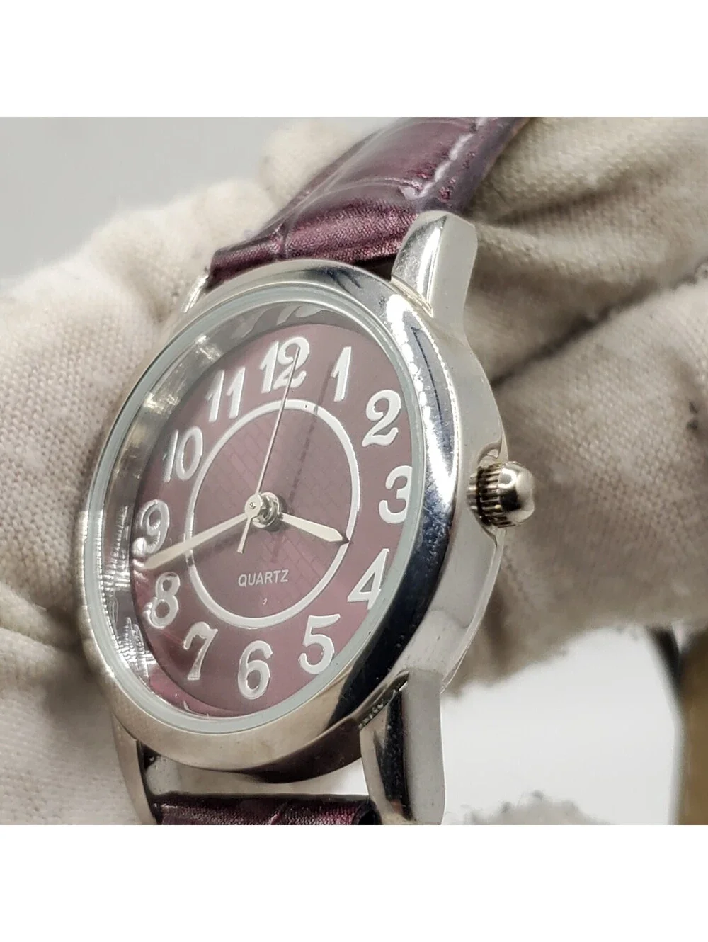 Purple Quartz Womens Watch 30mm Silver Tone Purple Band New Battery